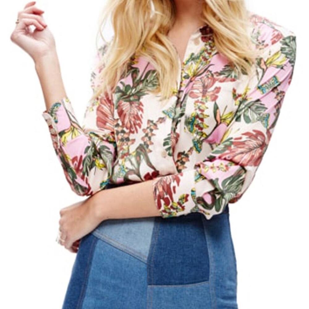 Free People Under the Palms Button Down Blouse Tropical Flowy Multicolor Large